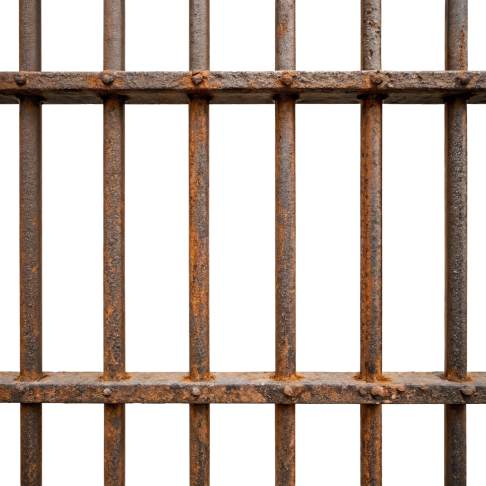 A closeup view of rusty metal bars forming a prisonlike grid against a black background. The image showcases the texture and decay of the old metal png