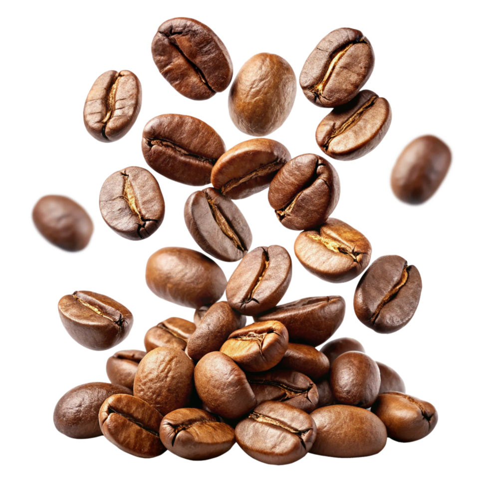 Roasted Coffee Beans Falling onto a Pile of Beans Against a Black Background png