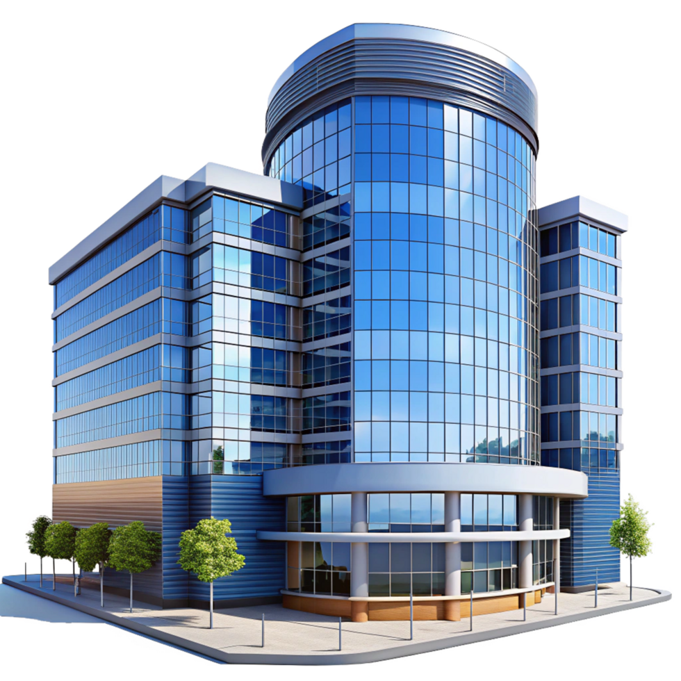 Modern Glass Office Building Architectural Design with Trees and Sidewalk png