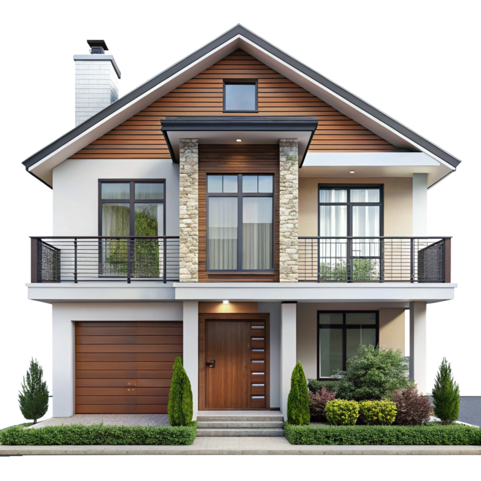 Stunning Two Story Modern House with Wooden Accents and Stone Pillars png