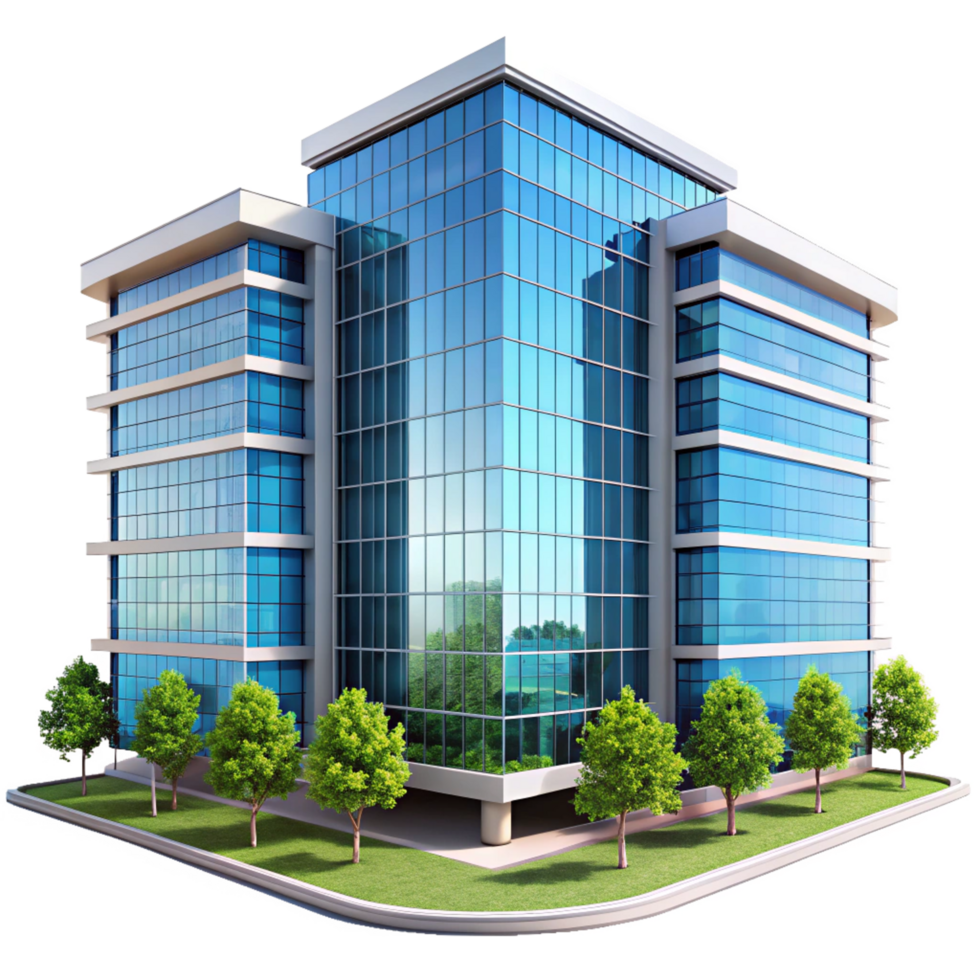 Modern Glass Office Building with Lush Green Landscaping Surrounding png