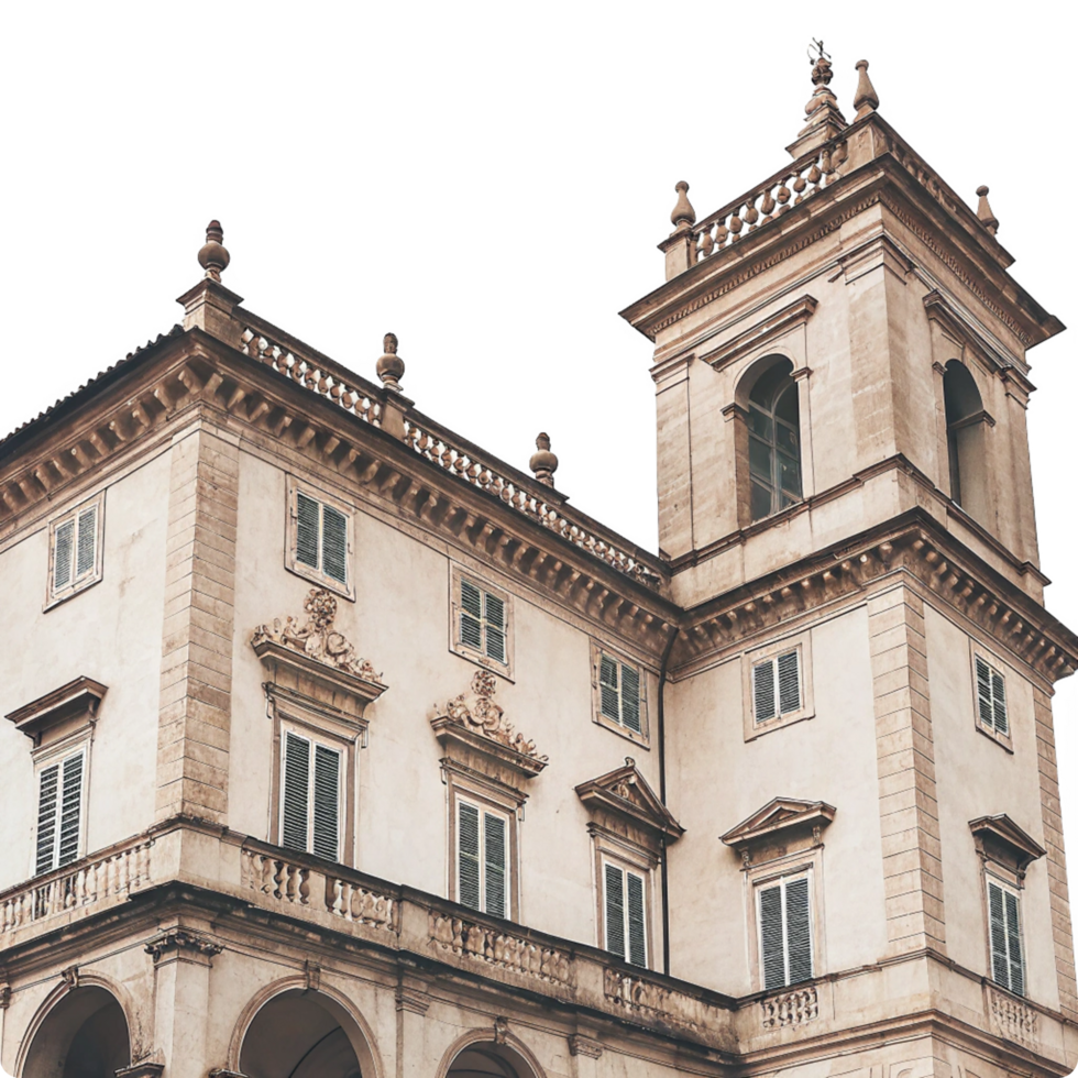 Magnificent Italianate Palace Architecture Featuring Intricate Stonework and Elegant Shutters png