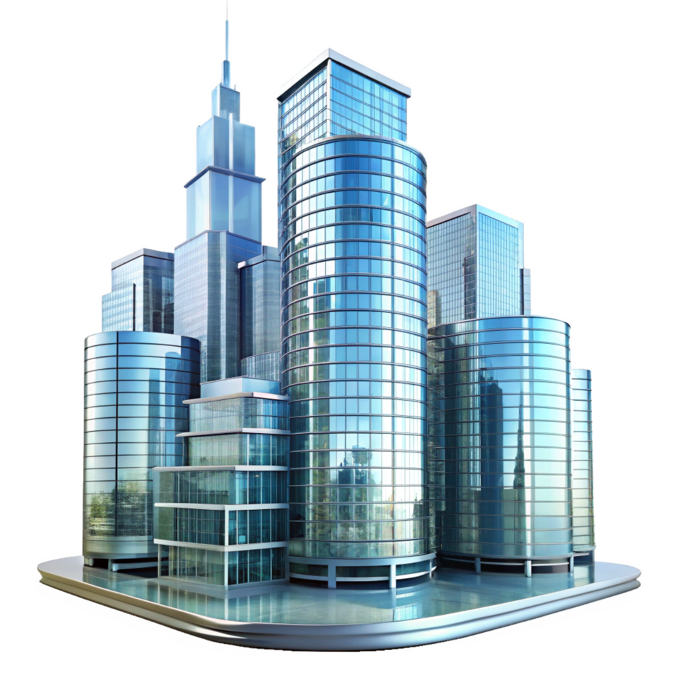 Modern Cityscape Architectural Design Featuring Sleek Glass Skyscrapers and a Central Plaza png