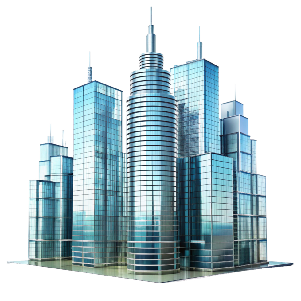 Modern Cityscape Architectural Rendering of Sleek Glass Skyscrapers png