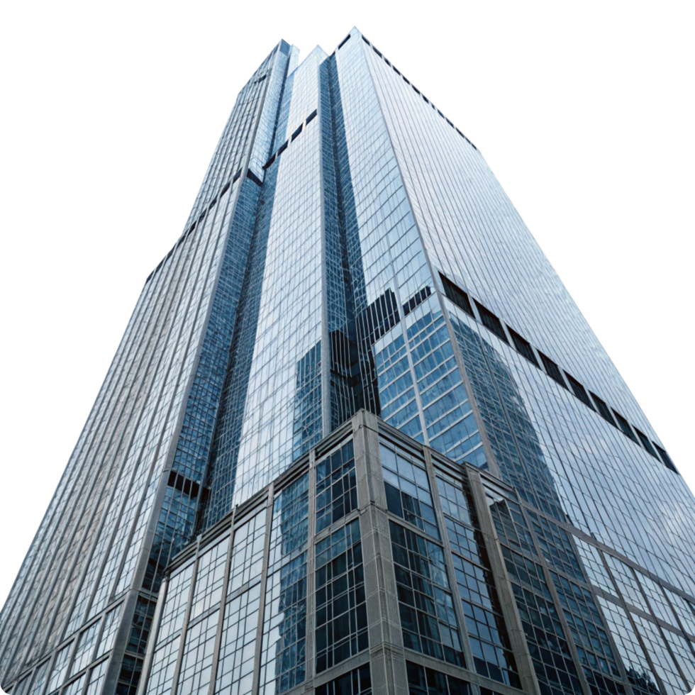 A Stunning Low Angle View of a Modern Glass Skyscraper in the City png