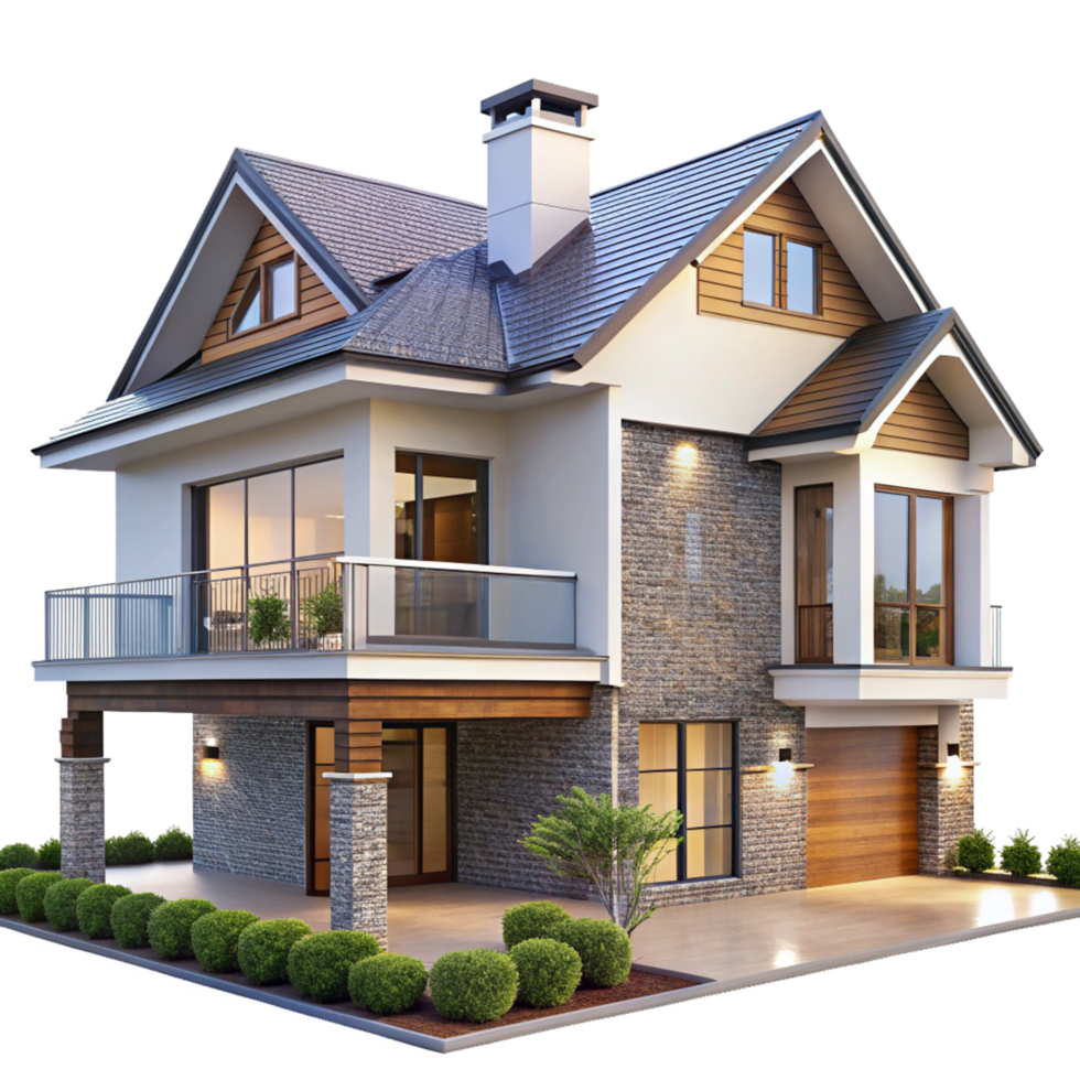 Stunning Two Story Modern House with Stone Exterior and Balcony png