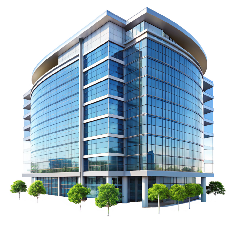 Modern Glass Office Building Architectural Rendering with Lush Greenery png