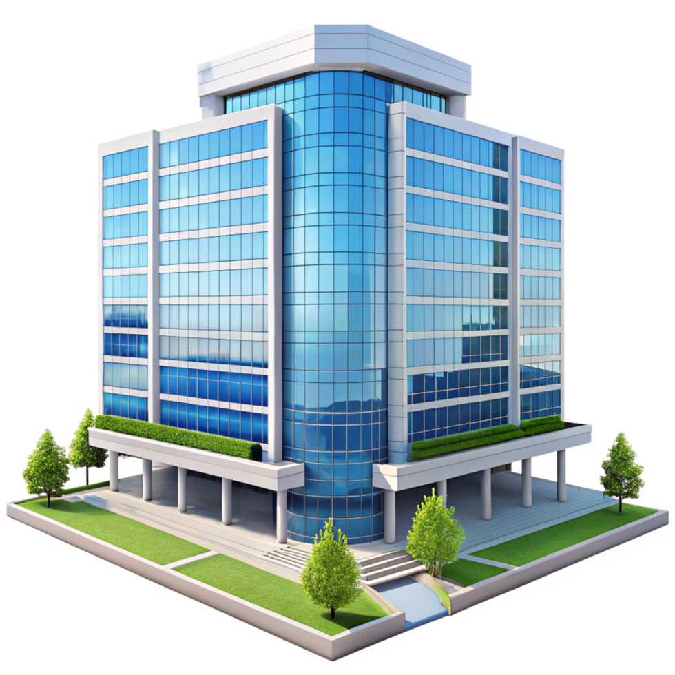 Modern Glass Office Building with Landscaping and Water Feature png