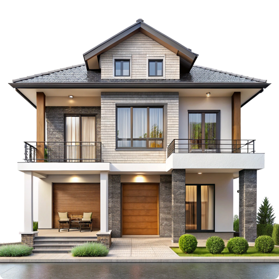 Stunning Two Story Modern House Exterior Design with Stone and Wood Accents png