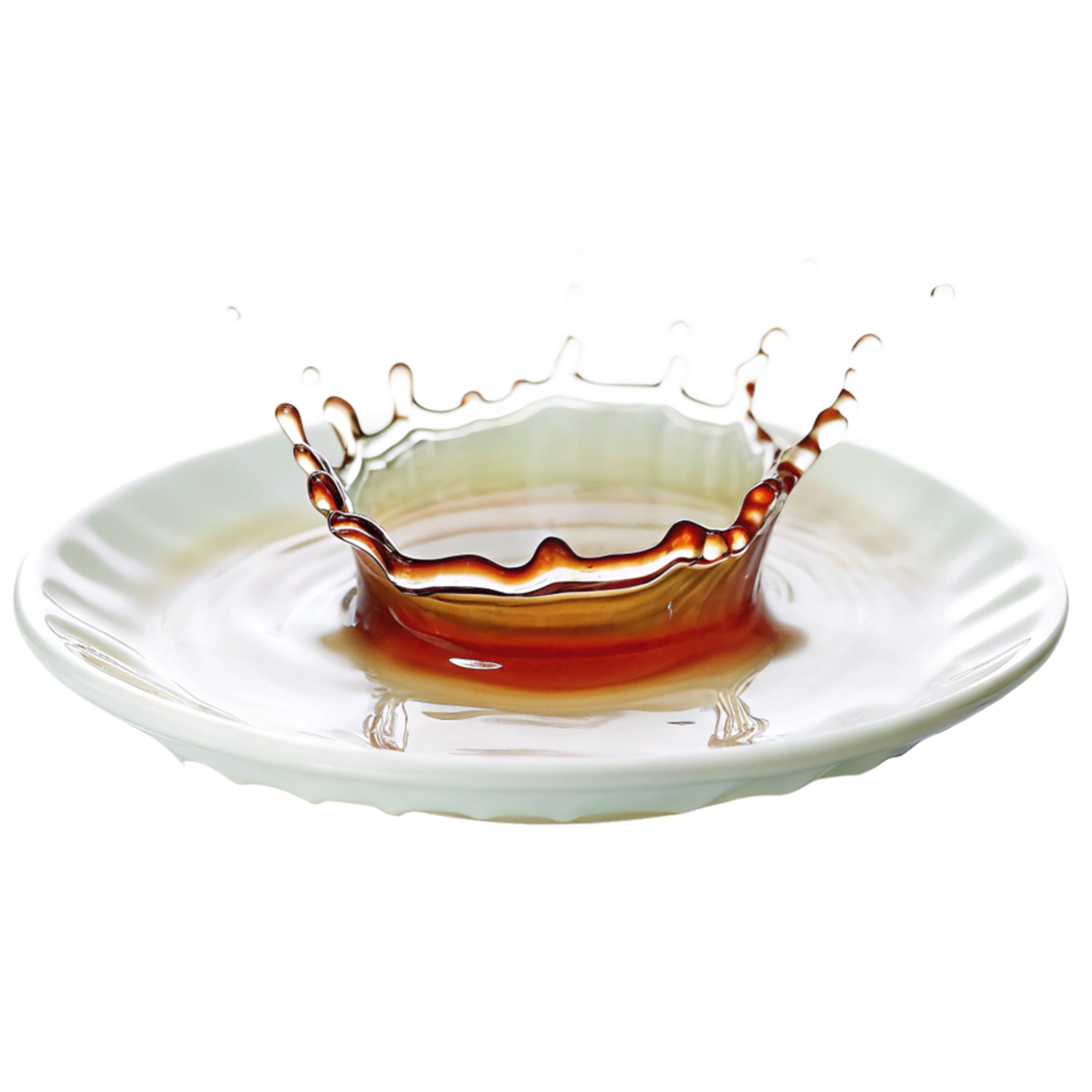 Stunning Closeup of a Dark Liquid Splashing into a White Saucer Creating a Beautiful Crown Shape png