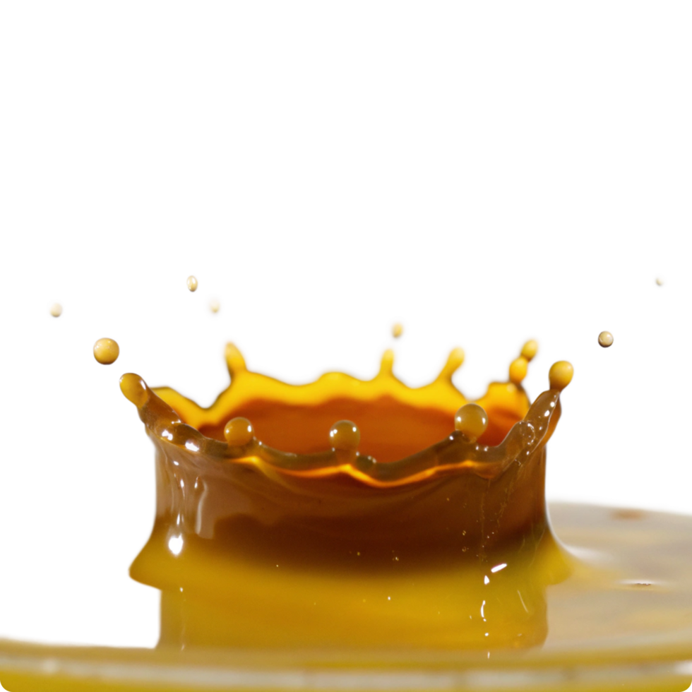 Stunning Closeup of a Golden Liquid Splashing on a Dark Background Creating a Beautiful Crown Shape with Tiny Droplets Flying png