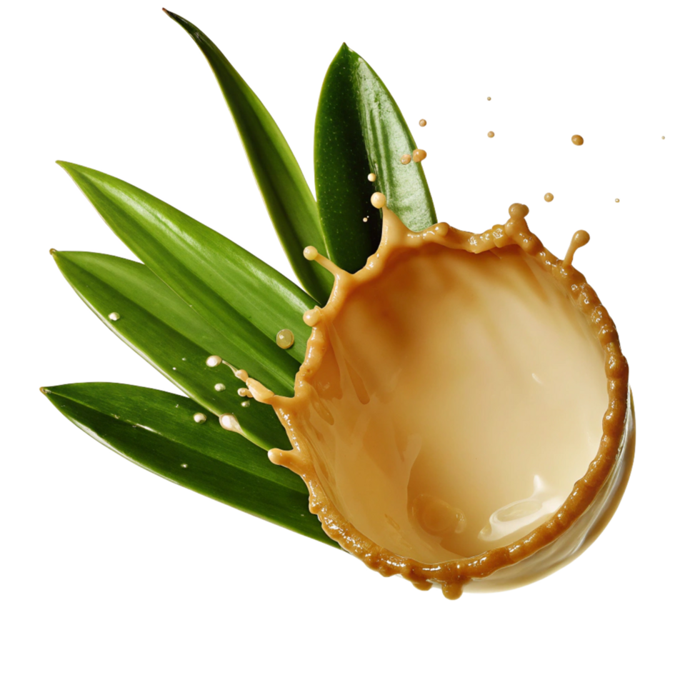 Creamy Coffee Splash with Lush Green Leaves on Black Background a Refreshing Beverage Image png