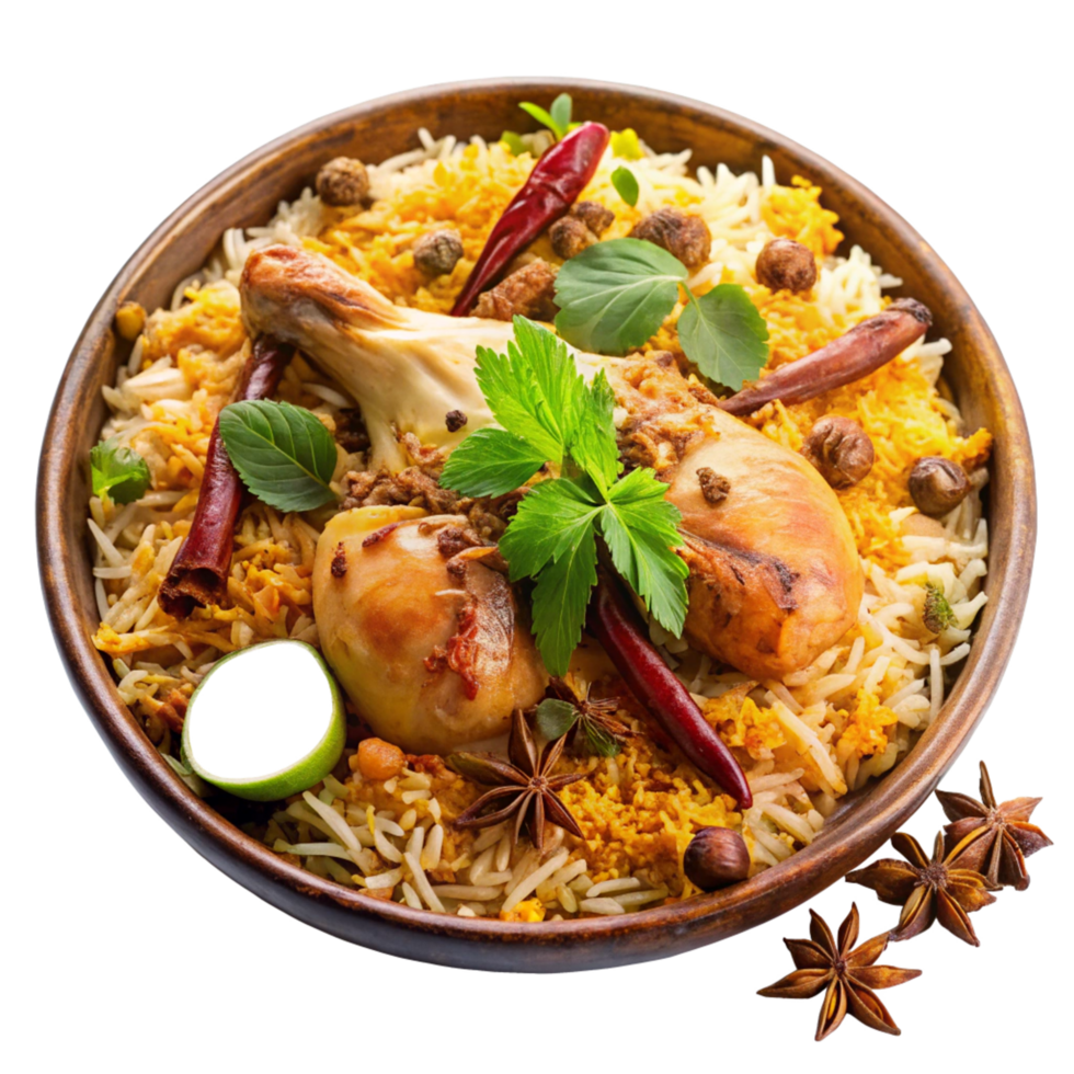 Delicious Aromatic Chicken Biryani in a Wooden Bowl with Spices and Herbs png