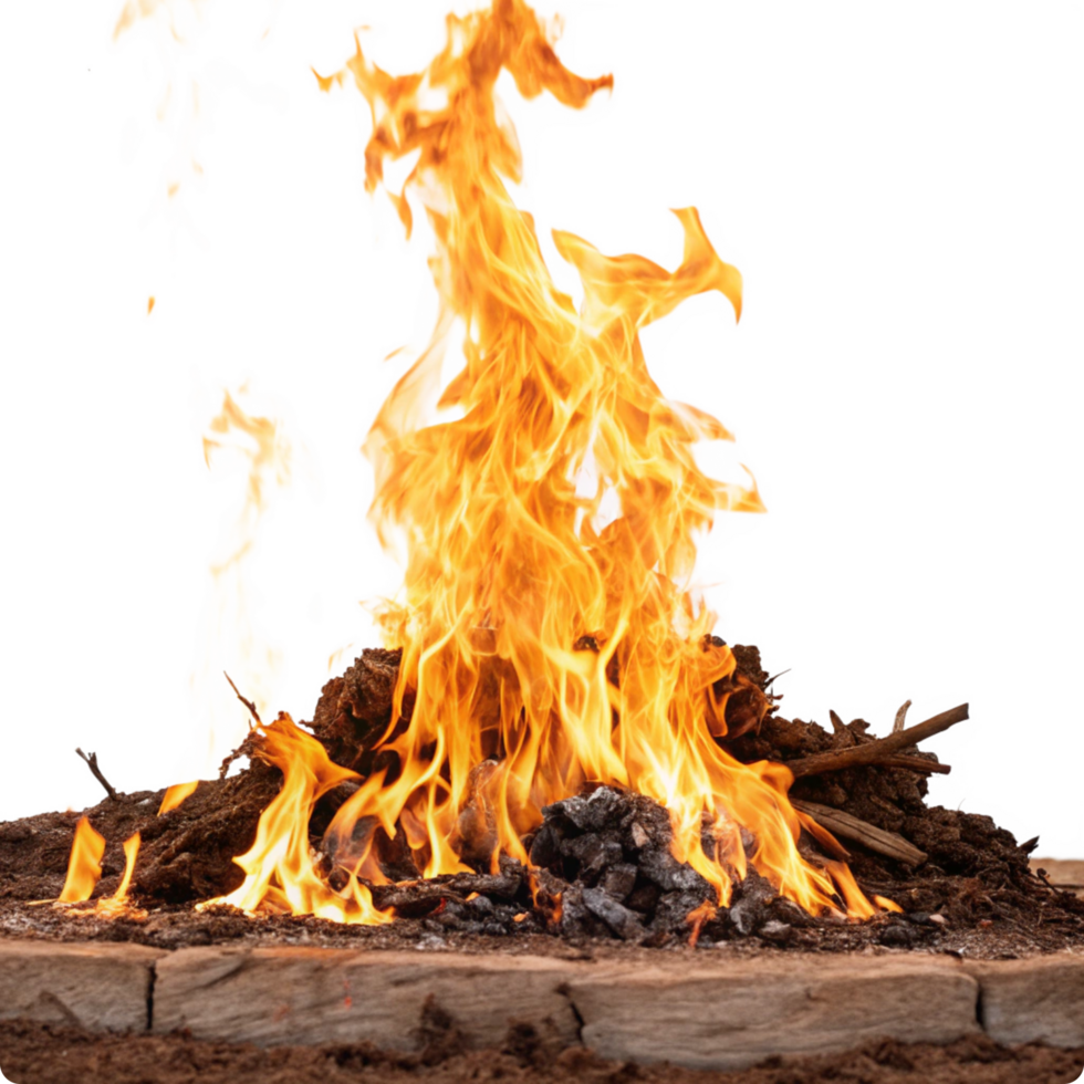 Fiery orange flames engulfing a bonfire built on a stone fire pit png