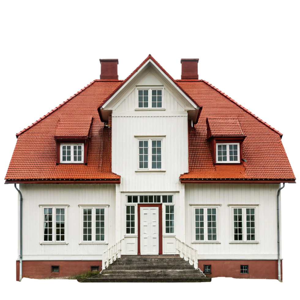 Classic Scandinavian White House with Red Tile Roof and Stone Steps png