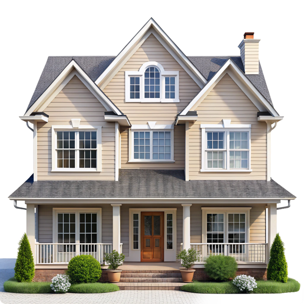 Attractive Two Story Beige House with Gray Roof and Large Front Porch png