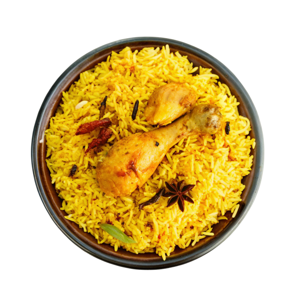 Delicious Chicken Biryani in a Brown Bowl overhead shot Indian food recipe png