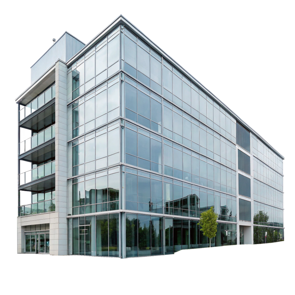 Modern Glass Office Building Exterior Architecture Design with Balconies and Landscaping png