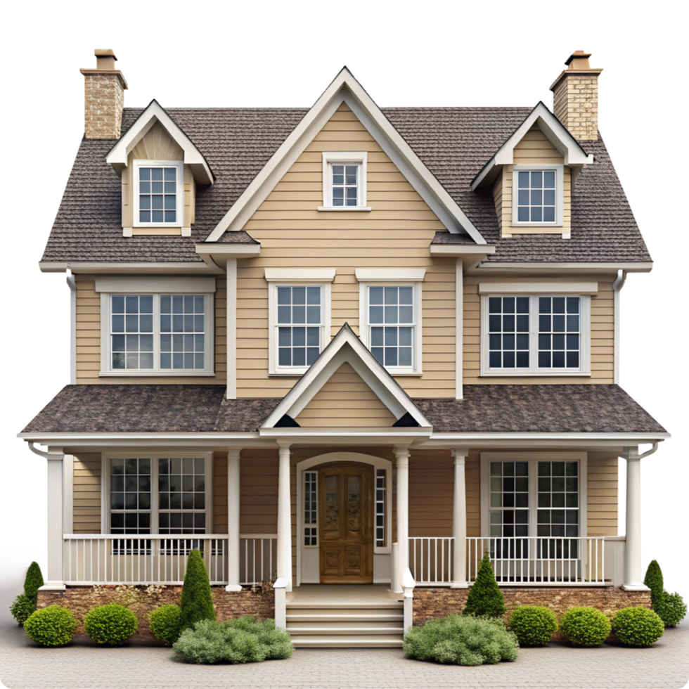 Beautiful Two Story Tan House with Brown Roof and White Columns png