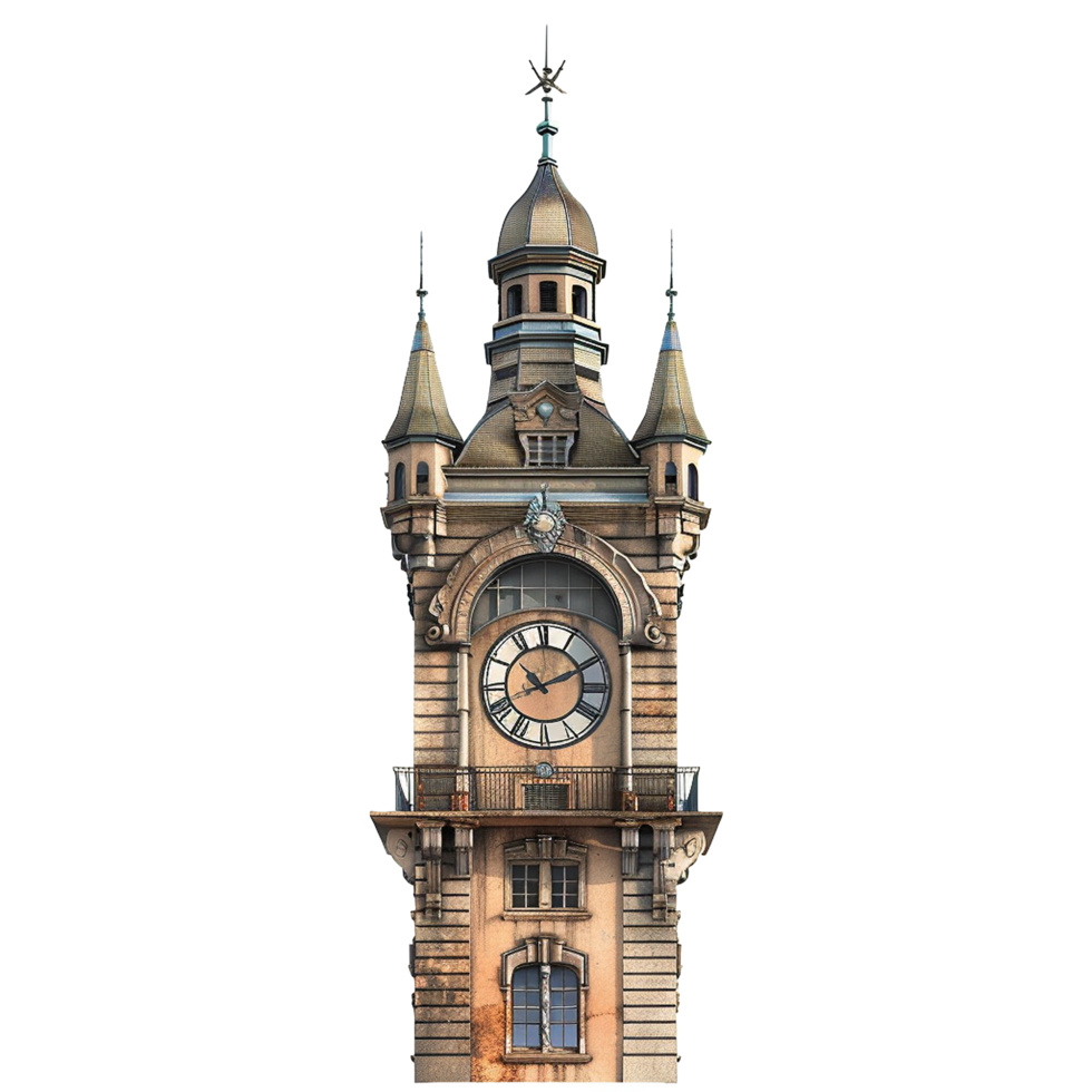 Elegant Clock Tower Architectural Design Featuring Intricate Details and a Large Clock Face png