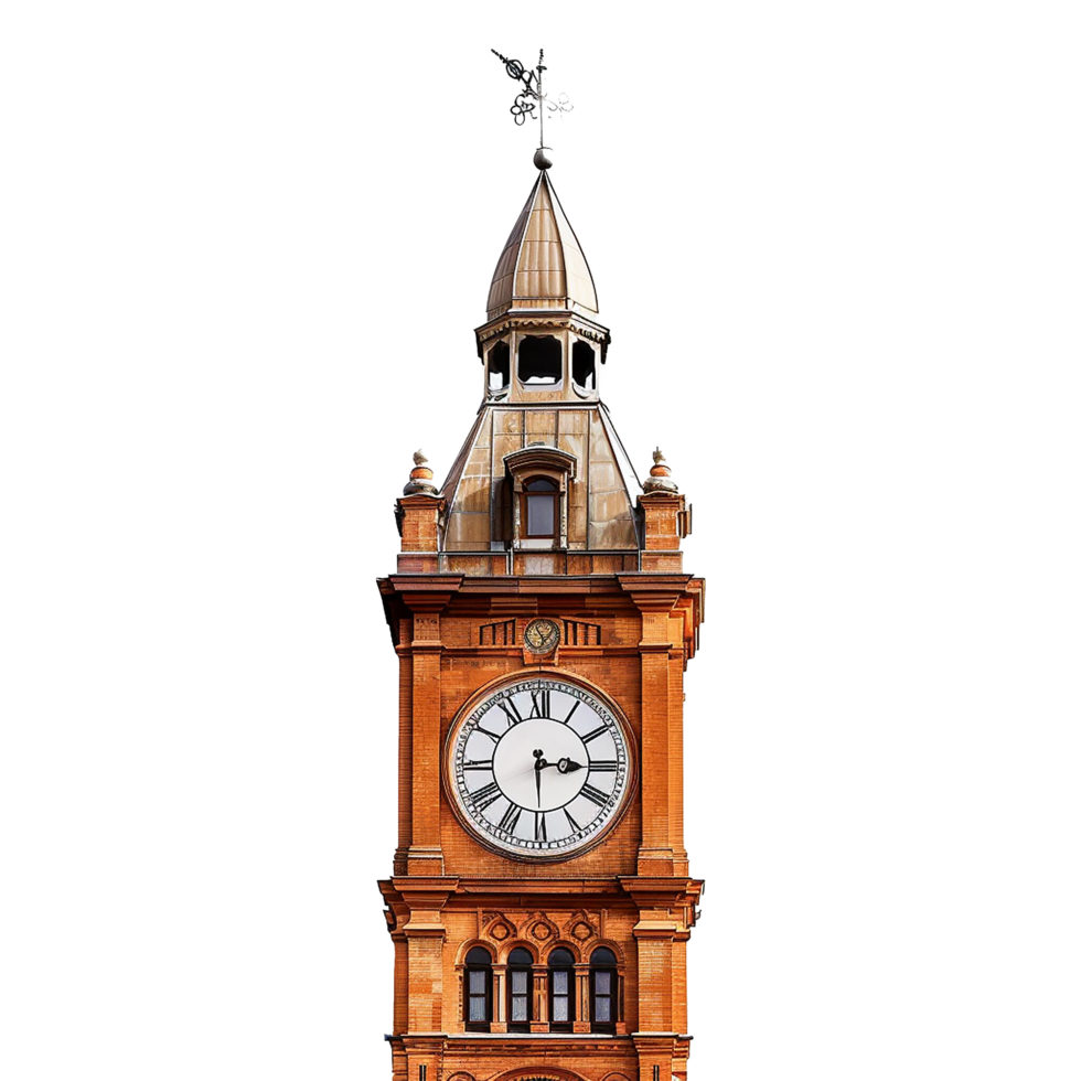 A Detailed View of an Ornate Brick Clock Tower with Roman Numerals and Architectural Details png