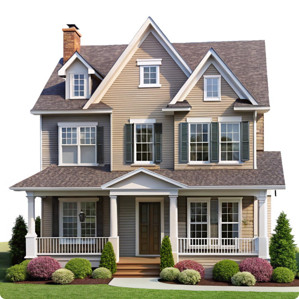 Beautiful Two Story Suburban House with Front Porch and Landscaping png