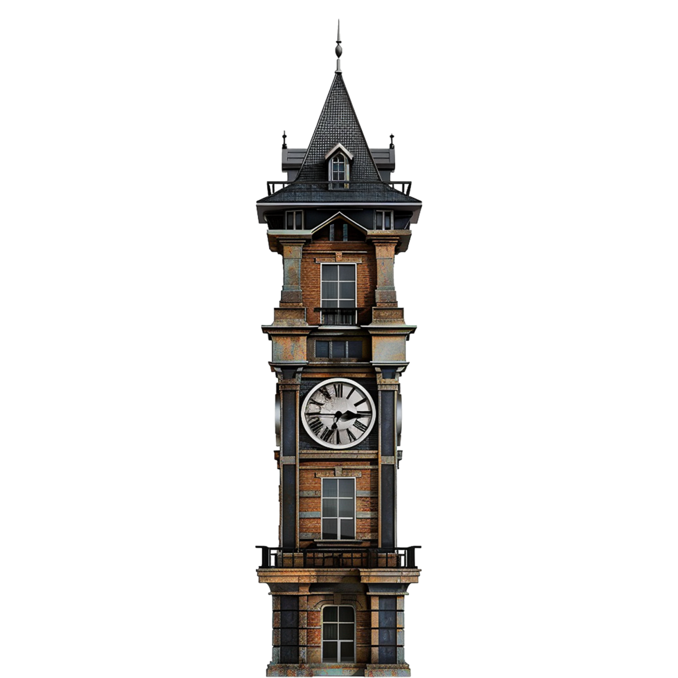 Tall Antique Clock Tower Architectural Design with Weathered Brick and Dark Metal Accents png