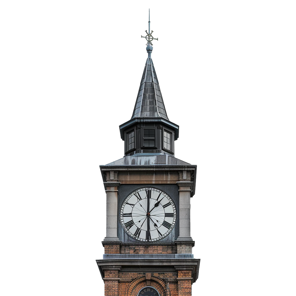 A Detailed Closeup of an Antique Clock Tower with a Pointed Spire and Weathered Brickwork png