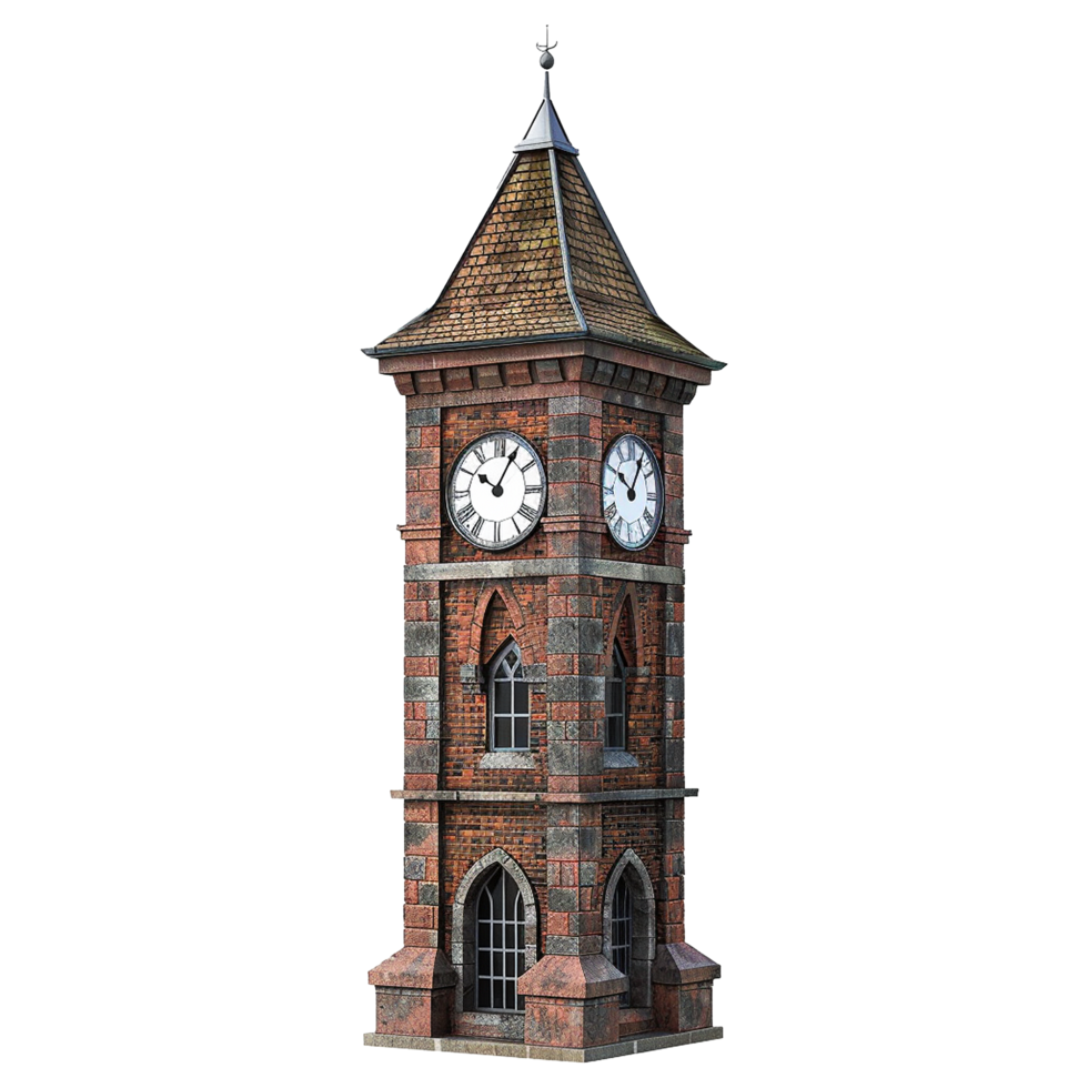 A Detailed 3D Render of an Old Brick Clock Tower with Two Faces png