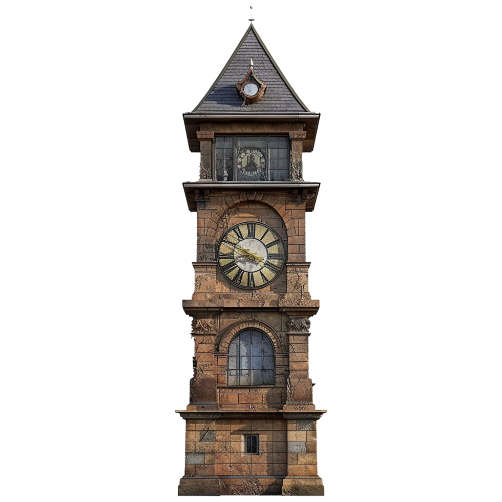 Tall Ancient Stone Clock Tower with Multiple Clocks and Windows png
