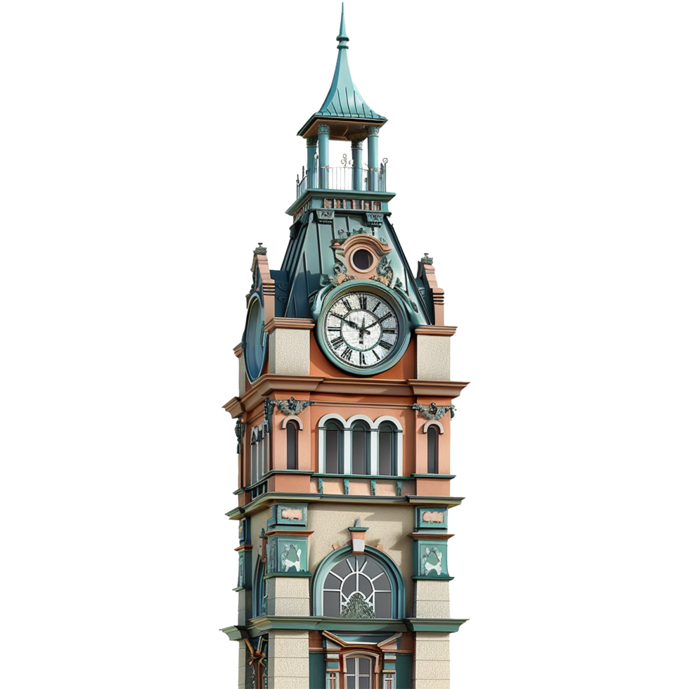 Architectural rendering of an ornate clock tower with a teal roof and peach walls png