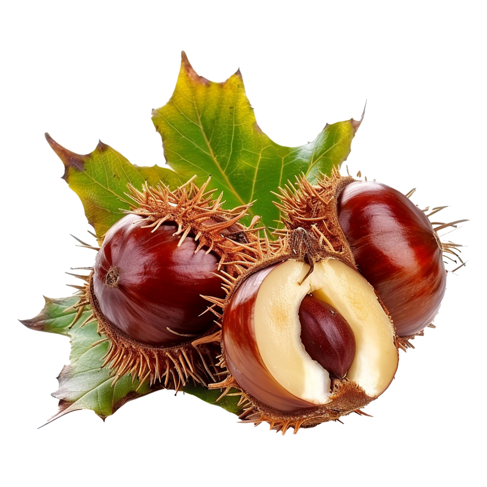 Closeup of three shiny brown chestnuts with spiky husks on a vibrant green leaf background showing autumn harvest png