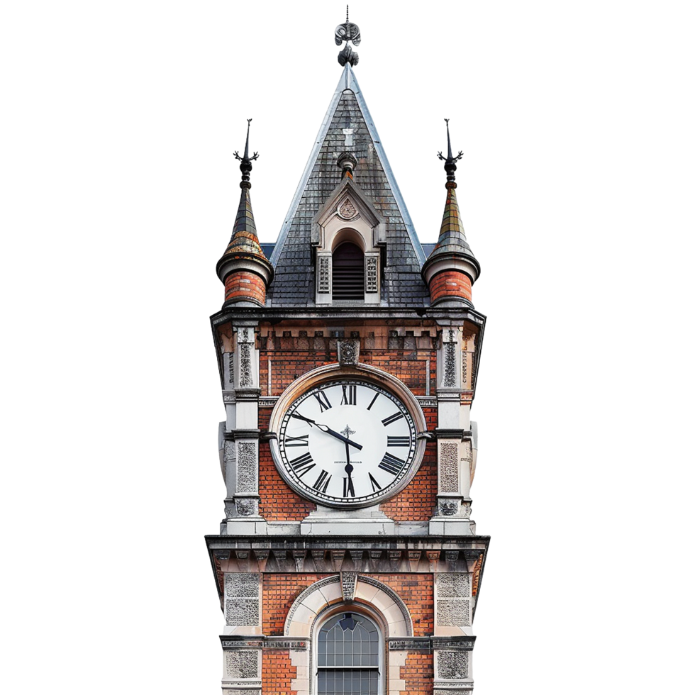 Architectural Details of a Brick Clock Tower with Intricate Stonework and a Large Analog Clock Face png