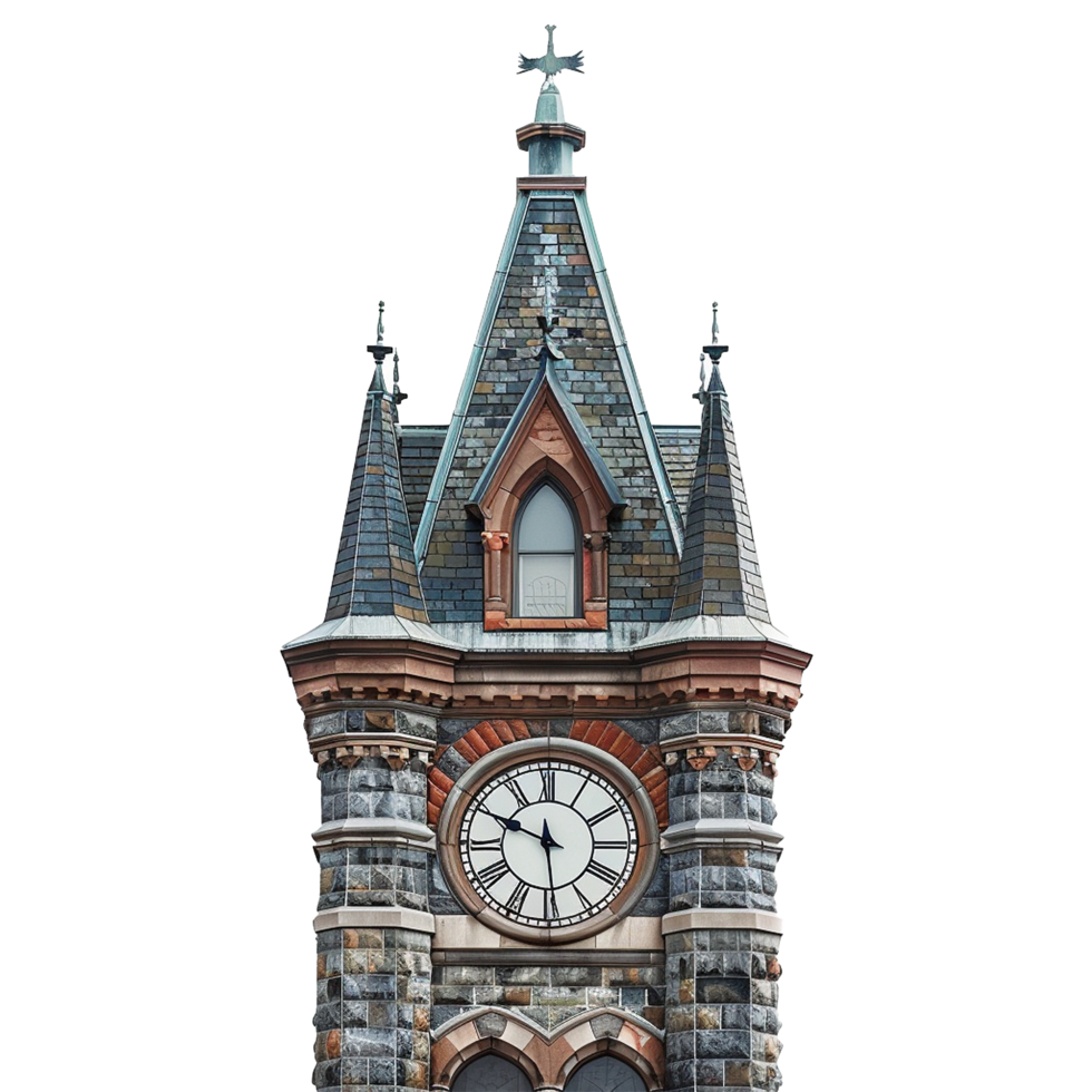 Detailed Closeup of an Ornate Clock Tower with Stone Facade and Steeple png