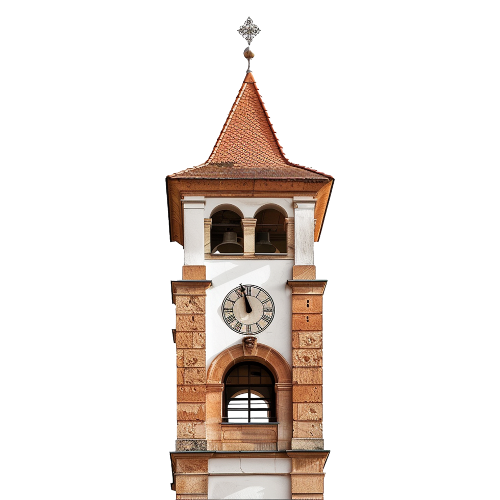 Architectural Detail of a Historic Clock Tower with Brownstone and Red Tile Roof png
