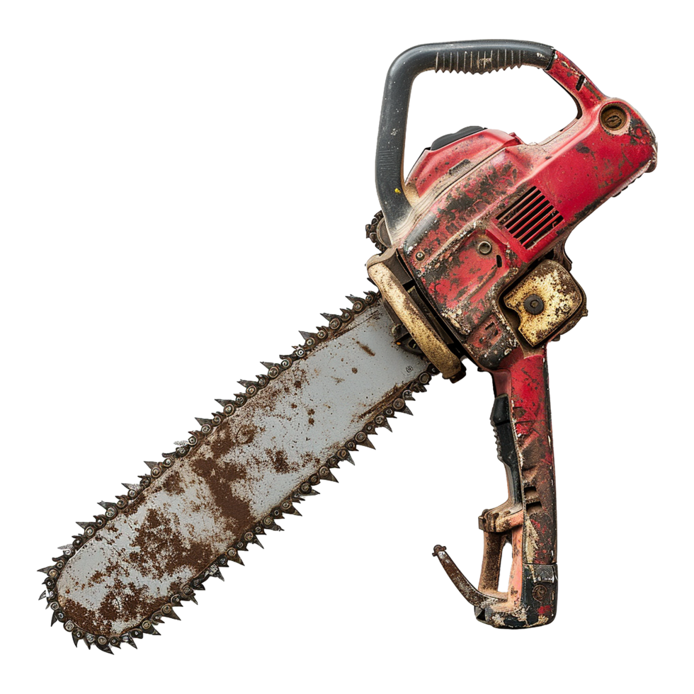 Rusty Old Red Chainsaw with a Worn Blade and Dirty Handle png