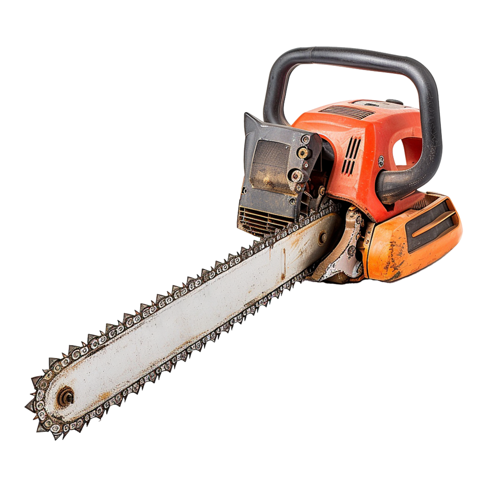 Rusty Orange Chainsaw with Long Bar and Sharp Teeth Ready for Woodcutting png