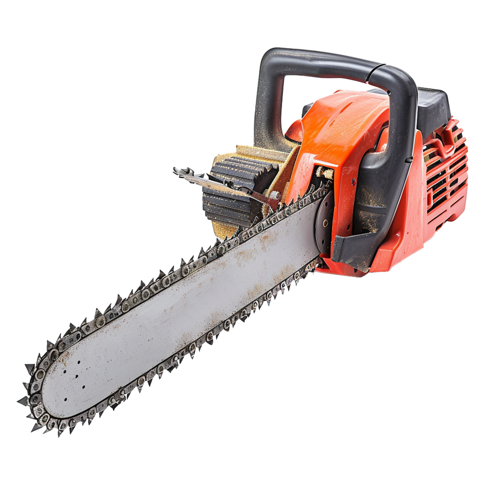 Closeup of a Red and Black Chainsaw with a Long Sharp Blade Ready for Cutting Wood png