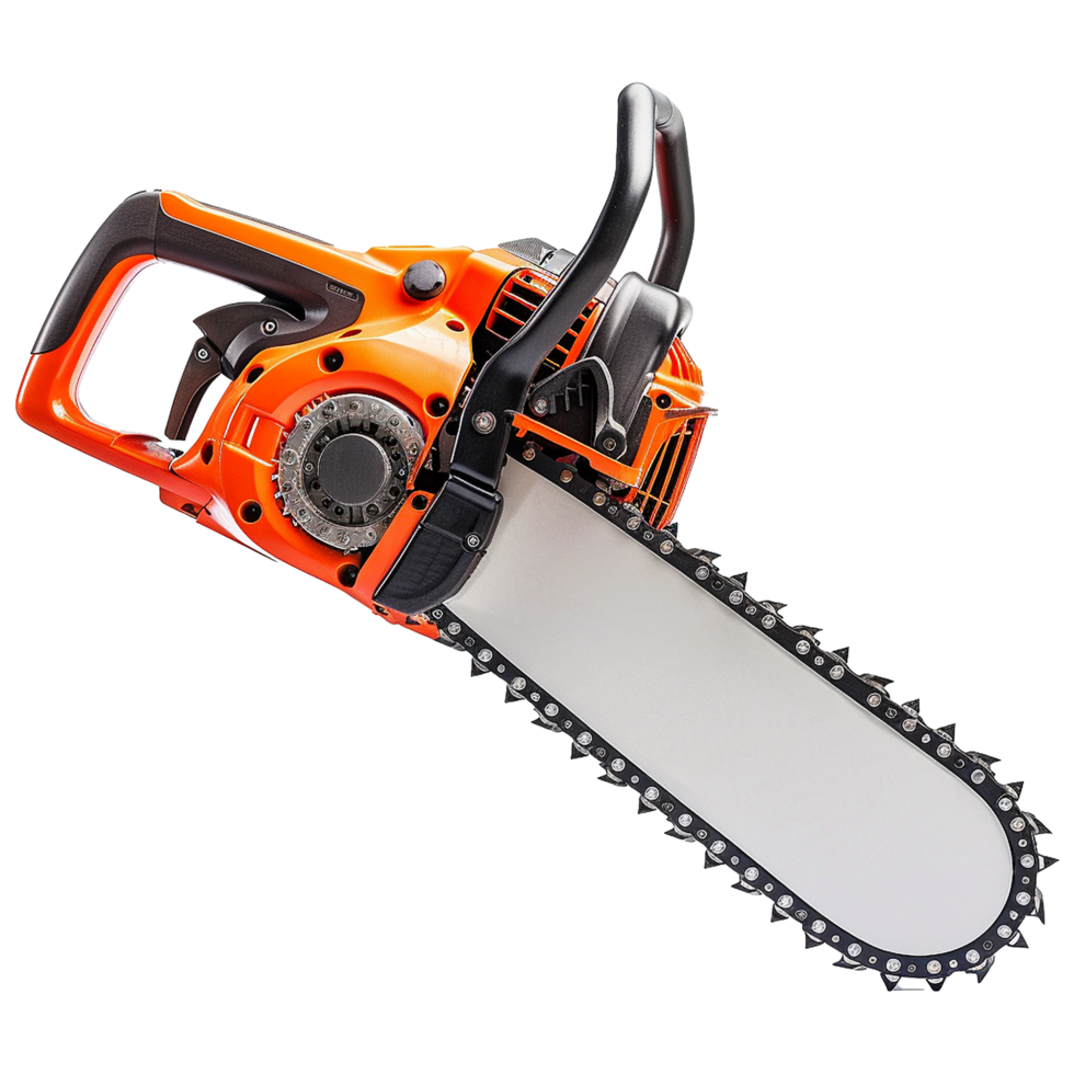 Orange Chainsaw with Sharp Teeth for Cutting Wood png