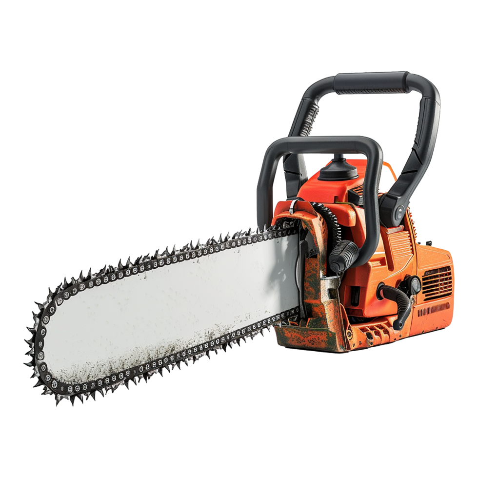 Powerful orange chainsaw with sharp teeth and a long bar for cutting wood png