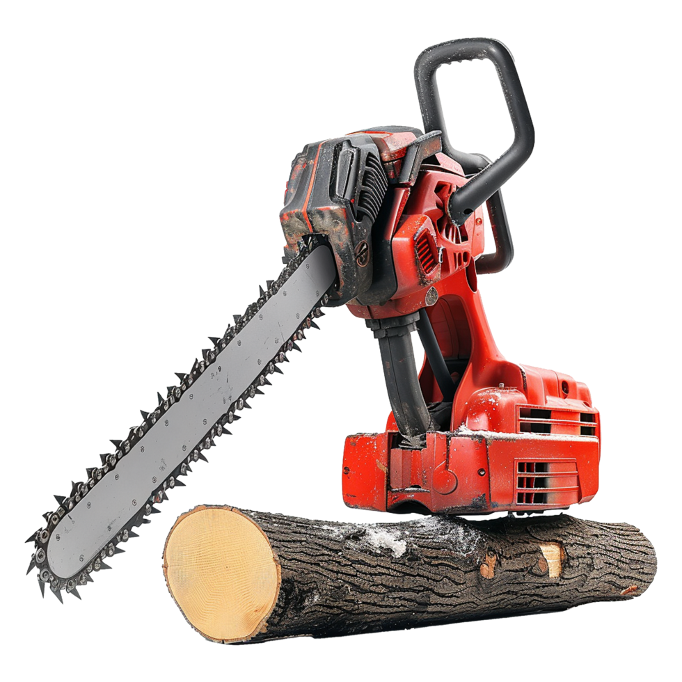 Powerful Red Chainsaw Resting on a Freshly Cut Log Ready for Lumberjack Work png