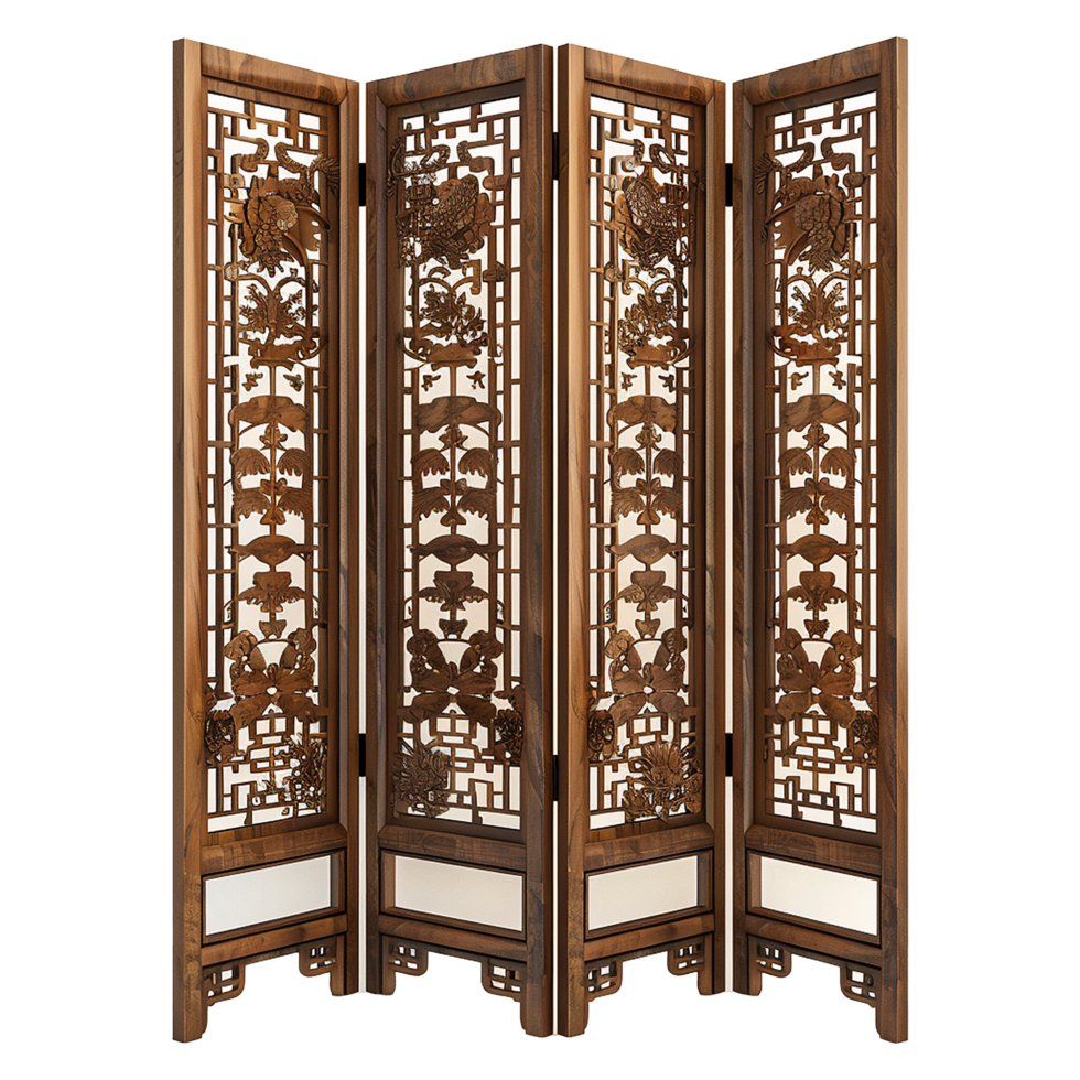 Elegant Four Panel Brown Wooden Room Divider with Intricate Carvings png