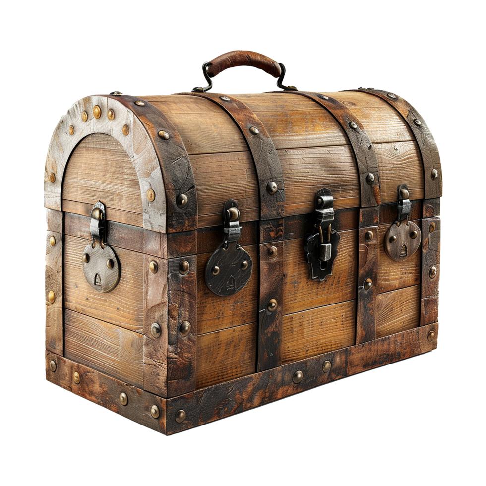 Antique Wooden Chest with Metal Accents and Leather Handle a Vintage Treasure Box png