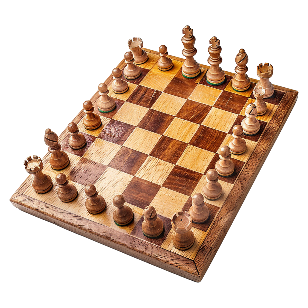 A Wooden Chessboard with Chess Pieces Set Up for a Game in Progress png