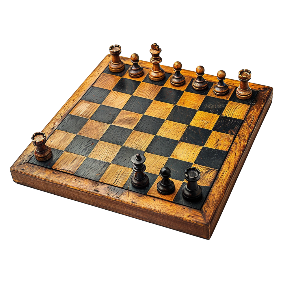 A weathered wooden chessboard with chess pieces set up for a game in progress png
