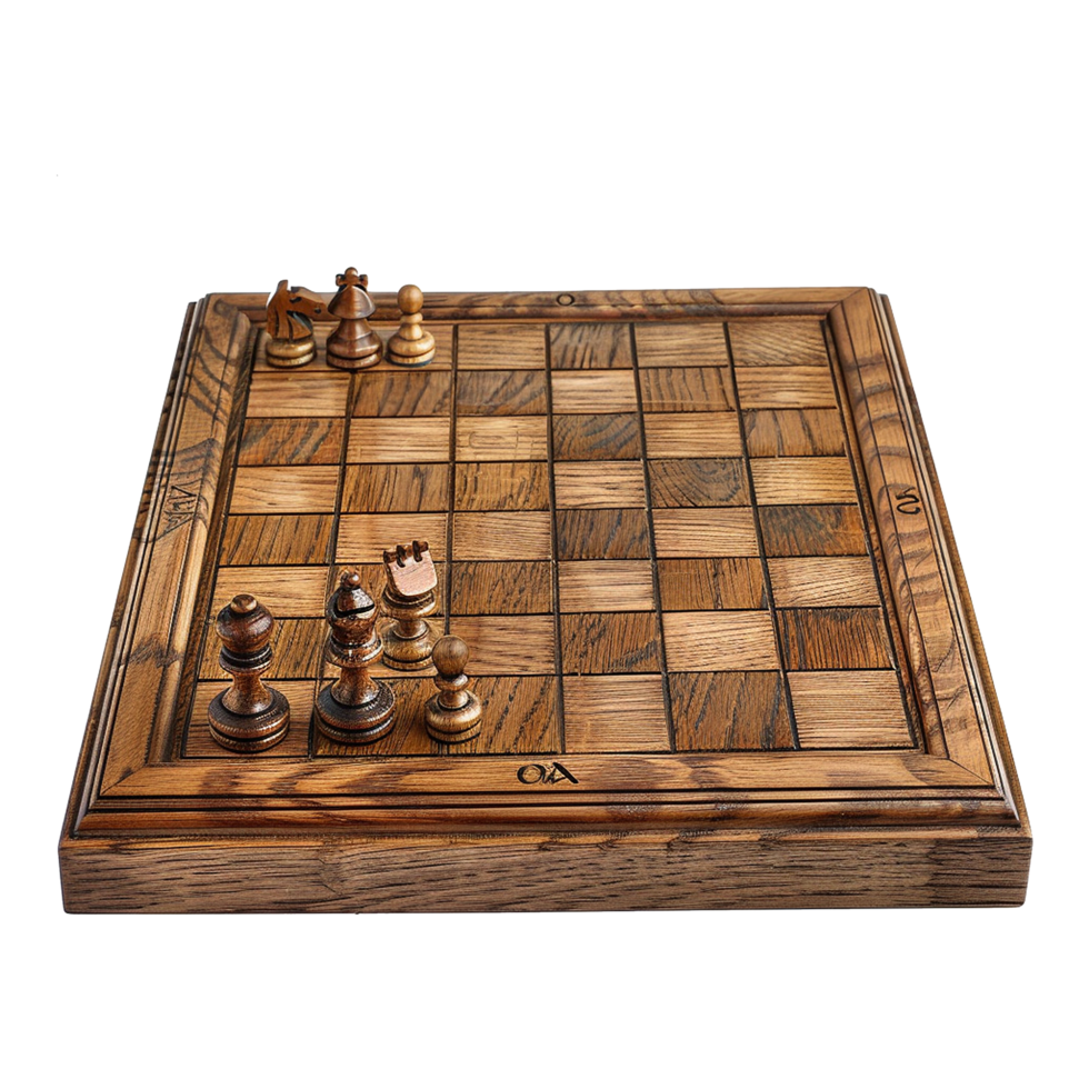A Stunning Wooden Chessboard with Carved Details and Handcrafted Chess Pieces in MidGame Setup png