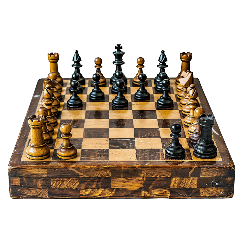 Antique Wooden Chessboard Game Setup with Pieces Ready to Play a Strategic Match png