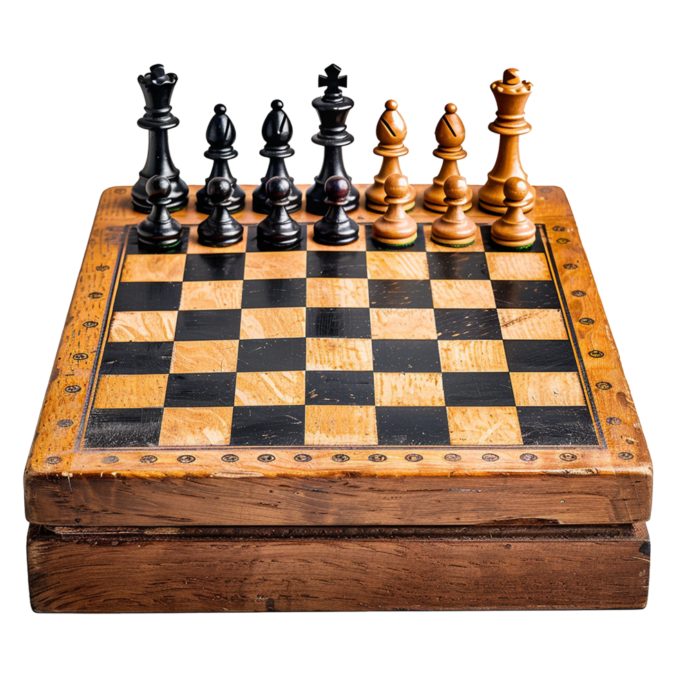 Antique Wooden Chessboard with Chess Pieces Set Up for a Game png
