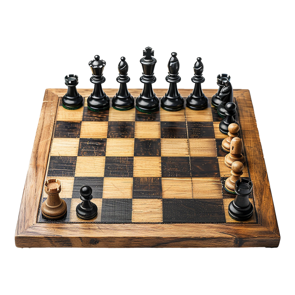 A closeup shot of a rustic wooden chessboard with chess pieces arranged for a game png