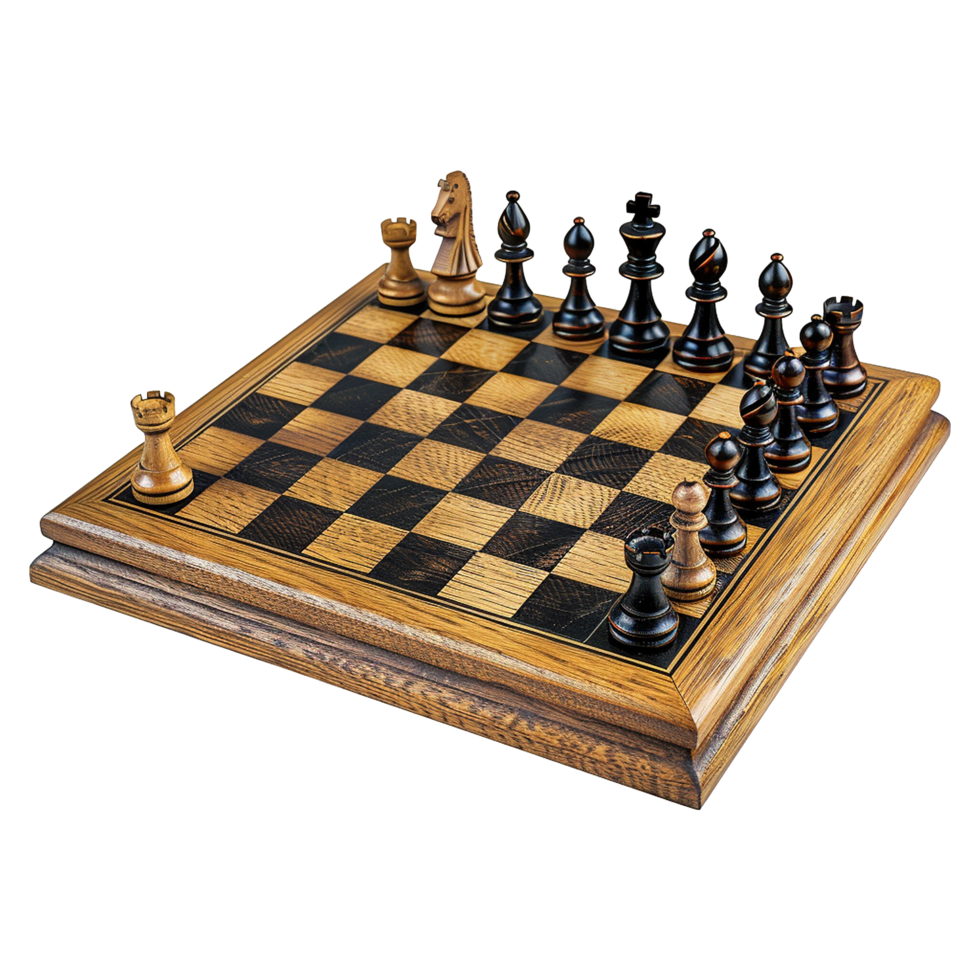 A Stunning Wooden Chessboard with Chess Pieces in a MidGame Setup png